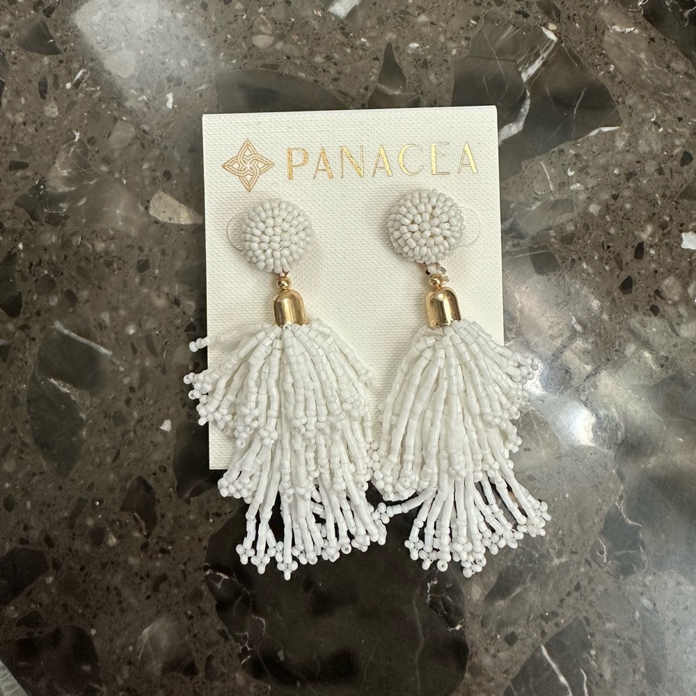 NWT Panacea White Seed Beaded Tassel Statement Drop Stud Earrings